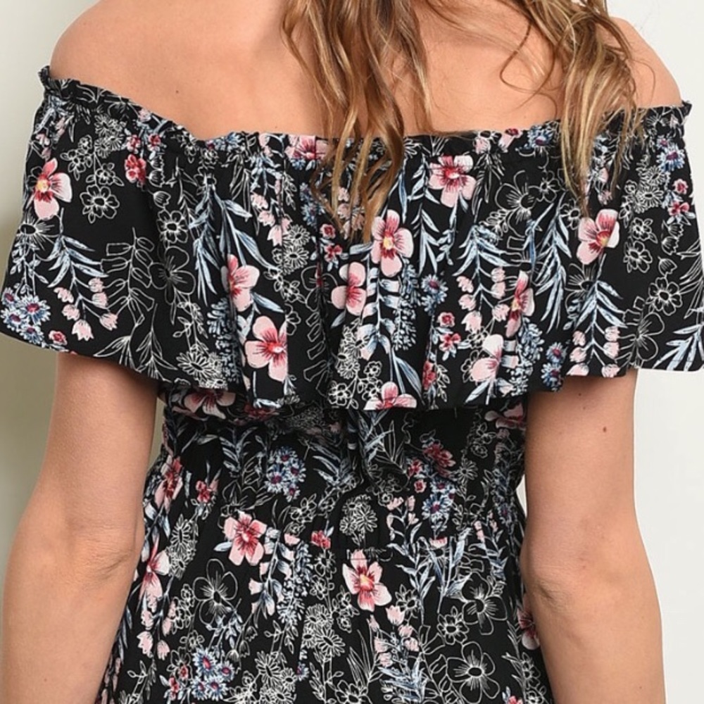 LAST 1❤️BLACK OFF THE SHOULDERS FLORAL ROMPER - Picture 3 of 5